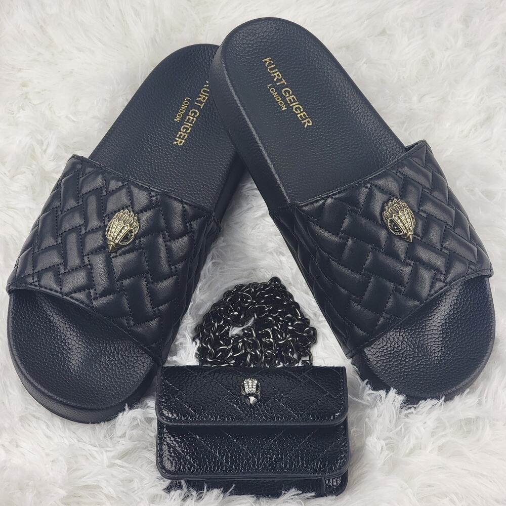 Women Sz 10 Black Slides Platform Sandals Mini Designer Crossbody Bag Combo Set
